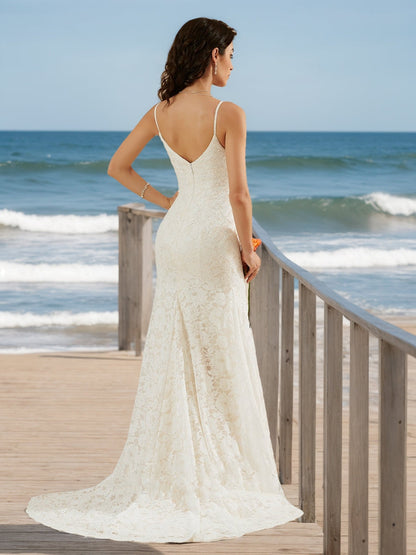 Robes de Mariée Trompette/Sirène à Col en V Sans Manches et Froncées