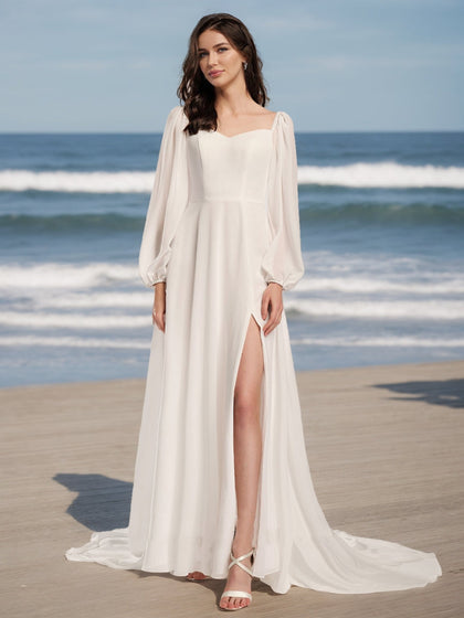 Robe de Mariée Trapèze/Princesse à Manches Longues et Décolleté en Cœur avec Fente Latérale