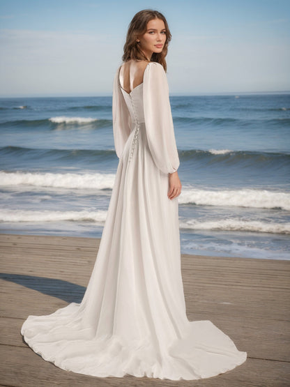 Robe de Mariée Trapèze/Princesse à Manches Longues et Décolleté en Cœur avec Fente Latérale