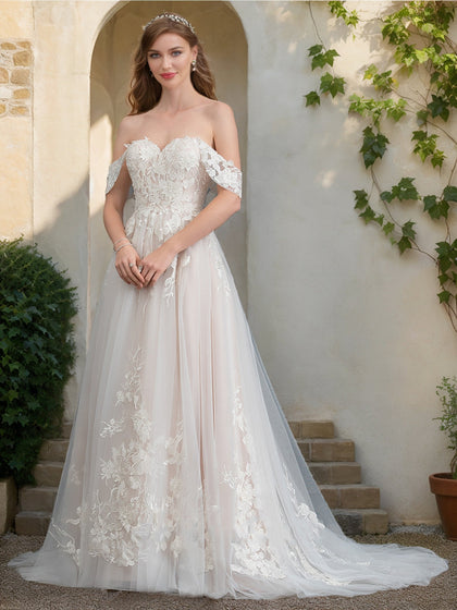 Robes de Mariée Trapèze/Princesse en Dentelle, Épaules Dénudées, Manches Courtes