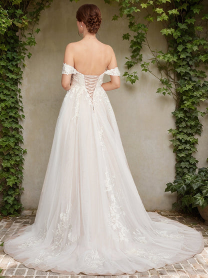 Robes de Mariée Trapèze/Princesse en Dentelle, Épaules Dénudées, Manches Courtes