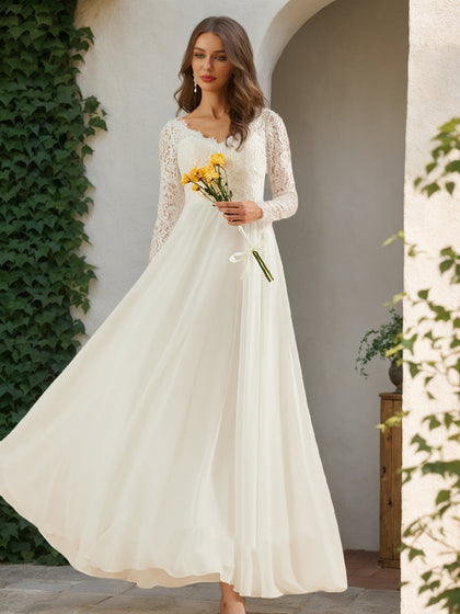 Robes de Mariée en Dentelle, Coupe A-Line/Princesse, Col en V, Manches Longues