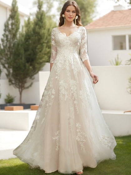 Robes de Mariée en Dentelle, Coupe A-Line/Princesse, Col en V, Manches 3/4