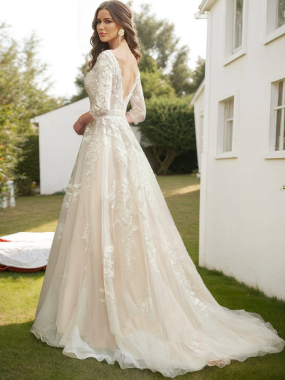 Robes de Mariée en Dentelle, Coupe A-Line/Princesse, Col en V, Manches 3/4