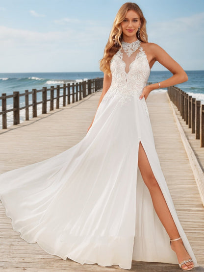 Robes de Mariée en Dentelle Sans Manches, Coupe A-Line/Princesse, Col Haut