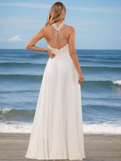 Robes de Mariée en Dentelle Sans Manches, Coupe A-Line/Princesse, Col Haut