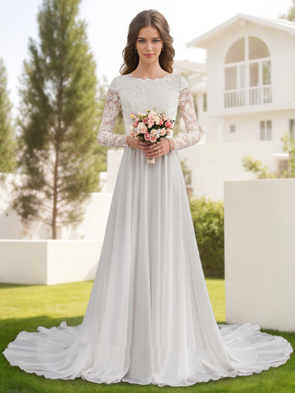 Robes de Mariée Trapèze/Princesse à Manches Longues et Perles