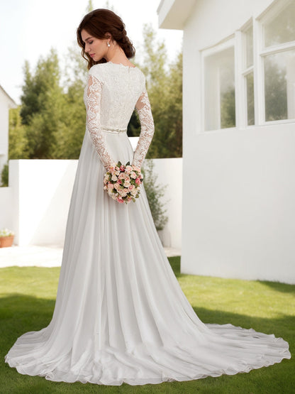 Robes de Mariée Trapèze/Princesse à Manches Longues et Perles