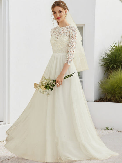 Robes de Mariée en Dentelle, Coupe A-Line/Princesse, Manches 3/4