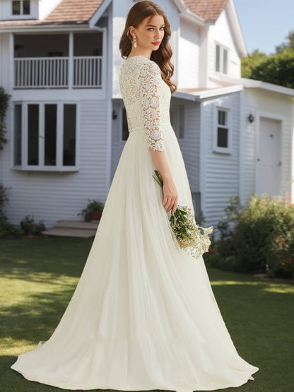 Robes de Mariée en Dentelle, Coupe A-Line/Princesse, Manches 3/4