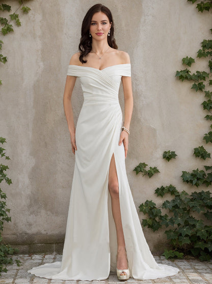 Robes de Mariée Trapèze/Princesse, Épaules Dénudées, Manches Courtes, Fendues Sur le Côté