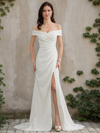 Robes de Mariée Trapèze/Princesse, Épaules Dénudées, Manches Courtes, Fendues Sur le Côté