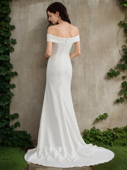 Robes de Mariée Trapèze/Princesse, Épaules Dénudées, Manches Courtes, Fendues Sur le Côté
