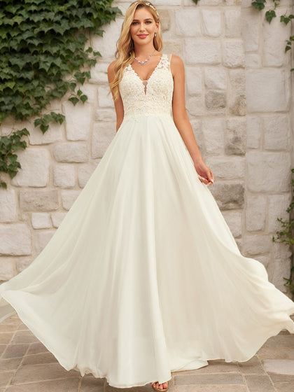 Robes de Mariée en Dentelle Sans Manches, Coupe A-Line/Princesse, Col en V