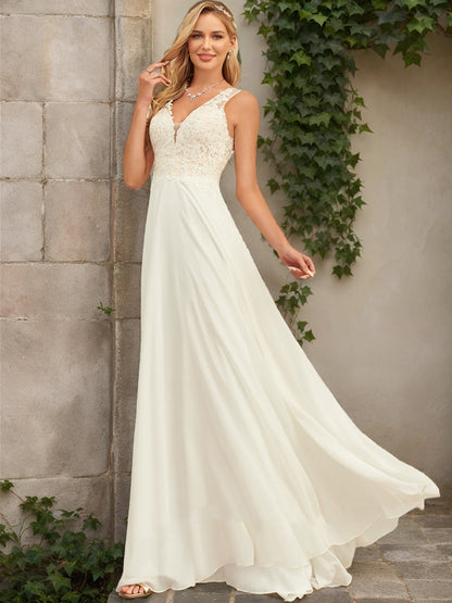 Robes de Mariée en Dentelle Sans Manches, Coupe A-Line/Princesse, Col en V
