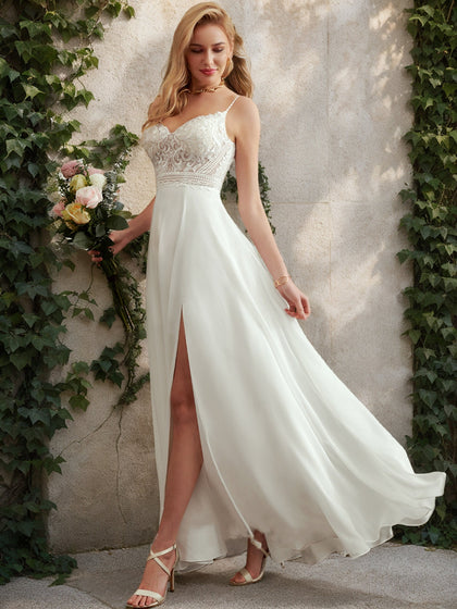 Robe de Mariée Trapèze/Princesse Sans Manches, Col en V et Fente Latérale
