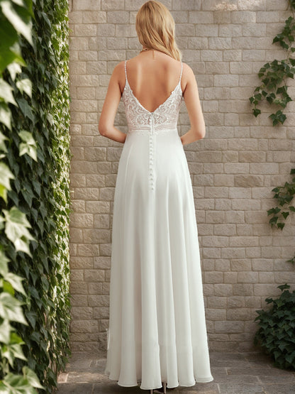 Robe de Mariée Trapèze/Princesse Sans Manches, Col en V et Fente Latérale