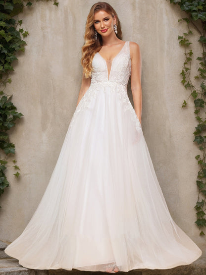 Robes de Mariée Trapèze/Princesse à Paillettes, Col en V, Sans Manches