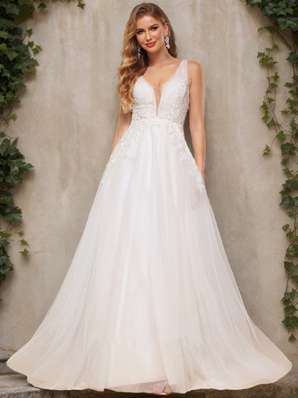 Robes de Mariée Trapèze/Princesse à Paillettes, Col en V, Sans Manches