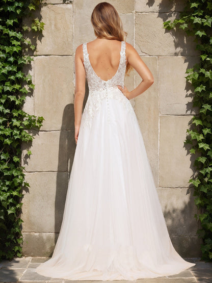 Robes de Mariée Trapèze/Princesse à Paillettes, Col en V, Sans Manches