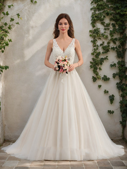Robes de Mariée en Dentelle Sans Manches, Coupe A-Line/Princesse, Col en V