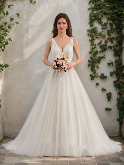 Robes de Mariée en Dentelle Sans Manches, Coupe A-Line/Princesse, Col en V