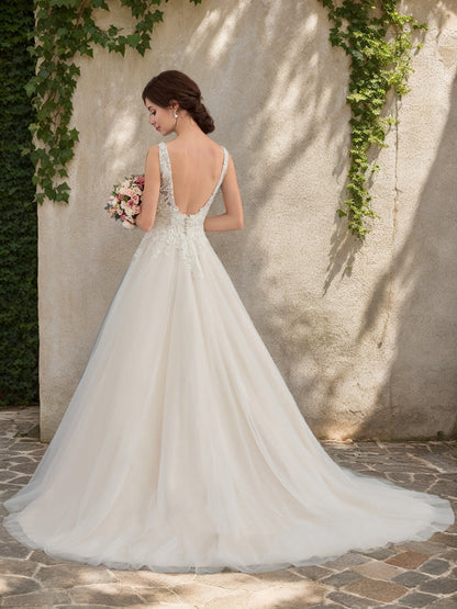 Robes de Mariée en Dentelle Sans Manches, Coupe A-Line/Princesse, Col en V