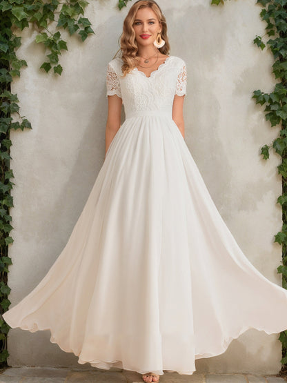 Robes de Mariée en Dentelle, Coupe A-Line/Princesse, Col en V, Manches Courtes