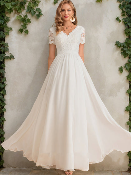 Robes de Mariée en Dentelle, Coupe A-Line/Princesse, Col en V, Manches Courtes
