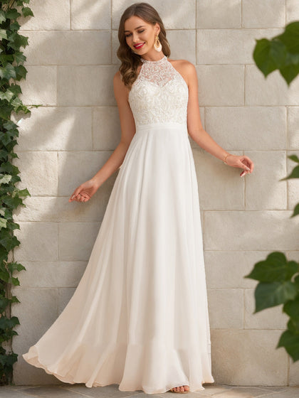 Robes de Mariée Trapèze/Princesse à Col Haut Sans Manches et Paillettes