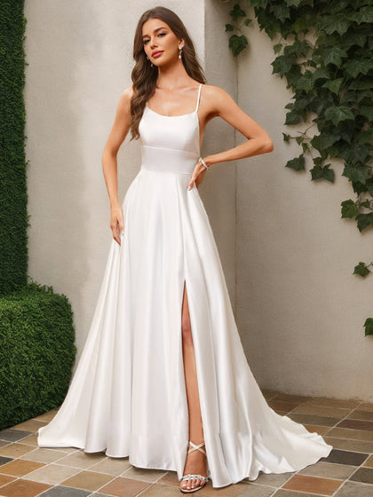 Robes de Mariée Trapèze/Princesse Sans Manches, Décolletées et Fendues Sur le Côté