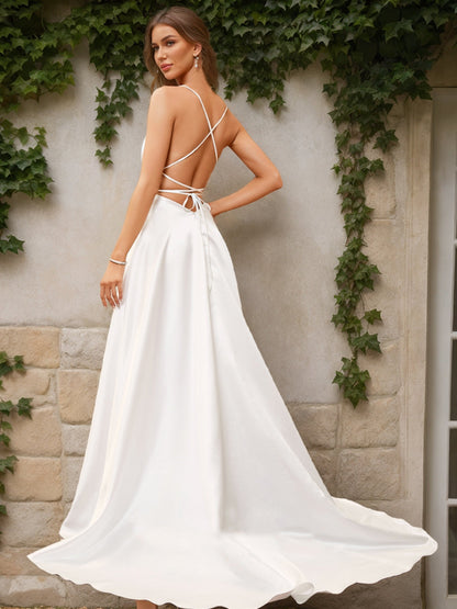 Robes de Mariée Trapèze/Princesse Sans Manches, Décolletées et Fendues Sur le Côté