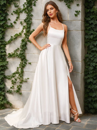 Robes de Mariée Trapèze/Princesse Sans Manches, Décolletées et Fendues Sur le Côté