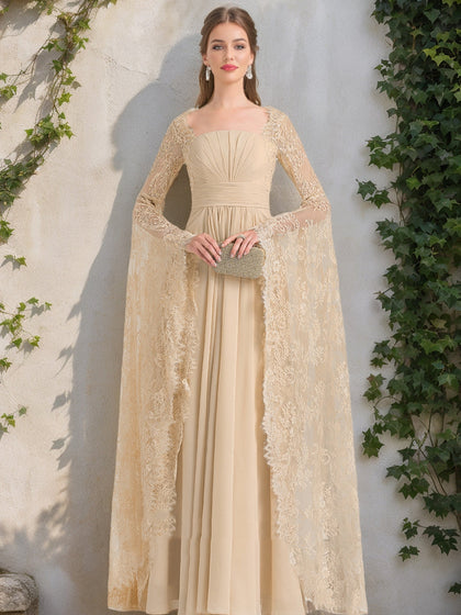 Robes de Mariée Trapèze/Princesse à Col Carré et Manches Longues Froncées