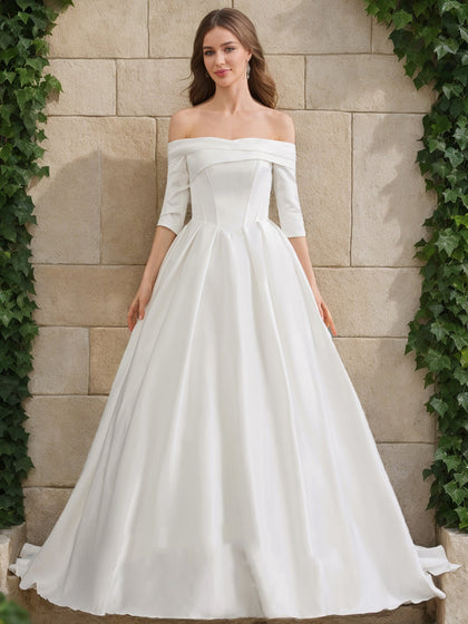 Robes de Mariée Trapèze/Princesse à Épaules Dénudées et Manches Mi-Longues Froncées