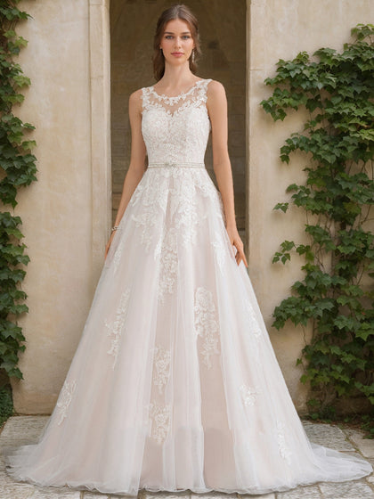 Robes de Mariée Trapèze/Princesse Sans Manches à Col Rond et Perles