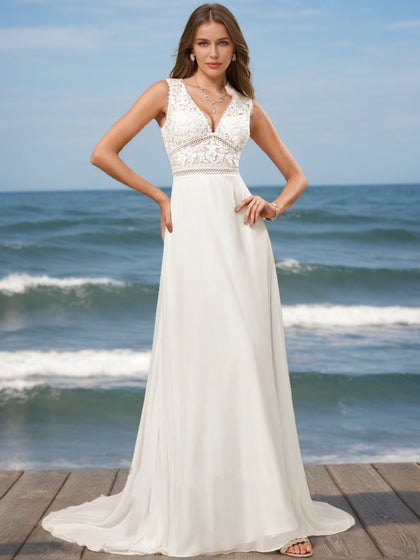 Robes de Mariée en Dentelle Sans Manches, Coupe A-Line/Princesse, Col en V