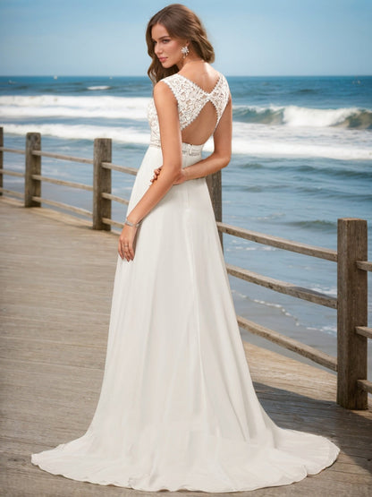 Robes de Mariée en Dentelle Sans Manches, Coupe A-Line/Princesse, Col en V