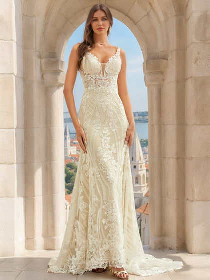 Robes de Mariée Sirène/Trompette à Col en V Sans Manches avec Appliques