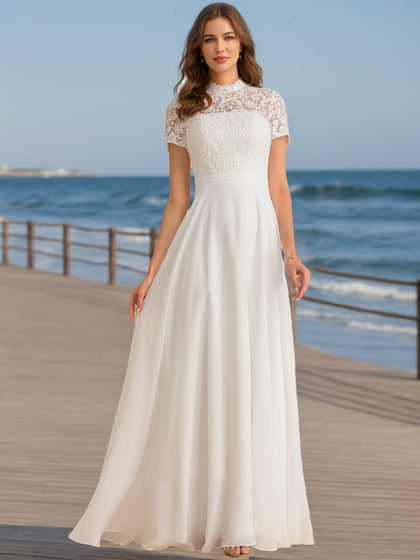 Robes de Mariée en Dentelle, Coupe A-Line/Princesse, Col Haut, Manches Courtes