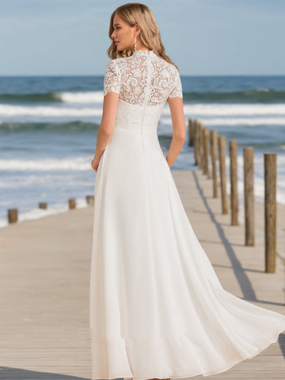 Robes de Mariée en Dentelle, Coupe A-Line/Princesse, Col Haut, Manches Courtes