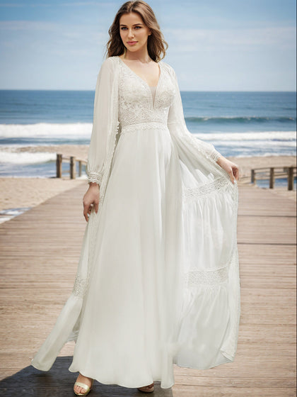 Robes de Mariée en Dentelle, Coupe A-Line/Princesse, Col en V, Manches Longues