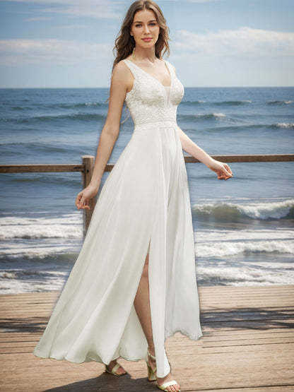 Robes de Mariée en Dentelle, Coupe A-Line/Princesse, Col en V, Manches Longues