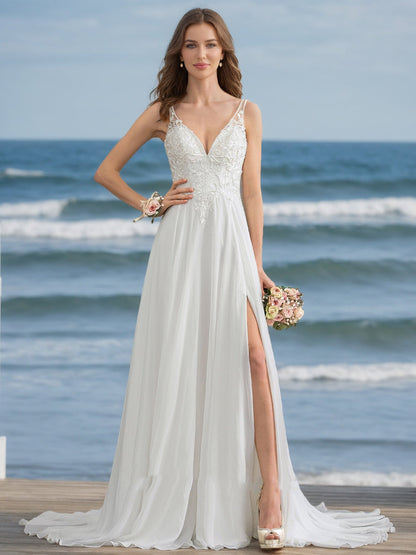 Robes de Mariée Trapèze/Princesse à Col en V Sans Manches et Perles