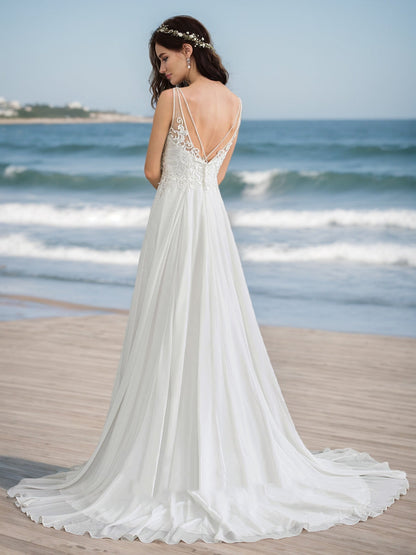 Robes de Mariée Trapèze/Princesse à Col en V Sans Manches et Perles