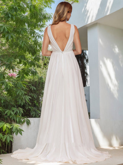 Robes de Mariée Trapèze/Princesse à Col en V Sans Manches et Froncées