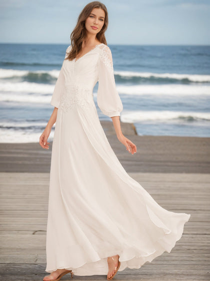 Robes de Mariée en Dentelle, Coupe A-Line/Princesse, Col en V, Manches 3/4