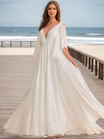 Robes de Mariée Trapèze/Princesse à Col en V et Manches Mi-Longues Froncées