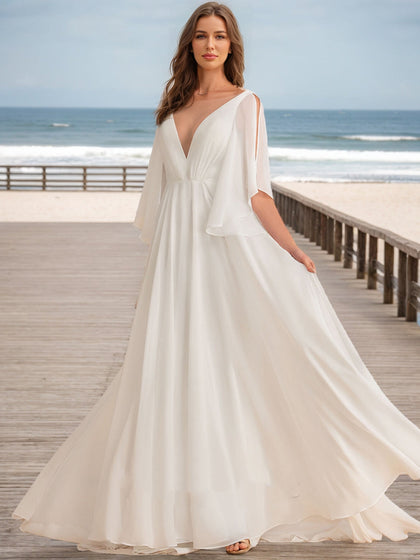 Robes de Mariée Trapèze/Princesse à Col en V et Manches Mi-Longues Froncées