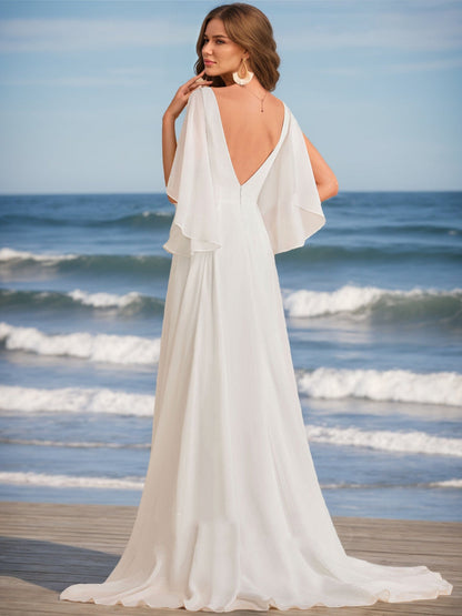 Robes de Mariée Trapèze/Princesse à Col en V et Manches Mi-Longues Froncées